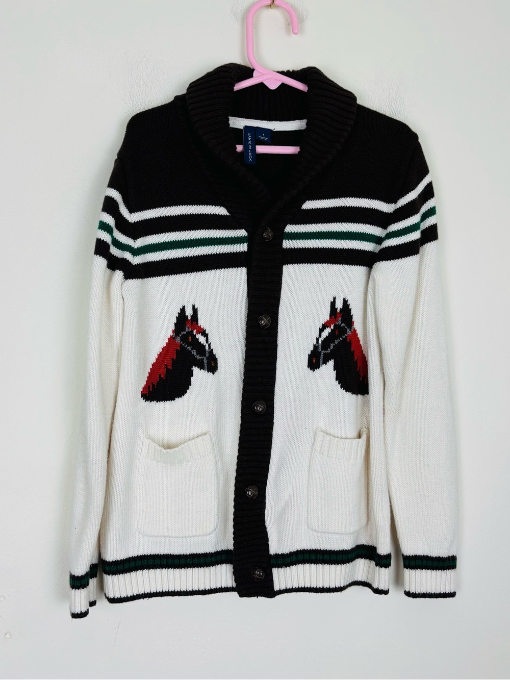 Janie and Jack cream navy brown shawl collar horse equestrian cardigan sweater 7
